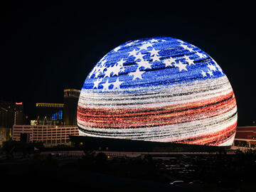 Las Vegas Sphere featuring the red, white, and blue of U.S. flag
